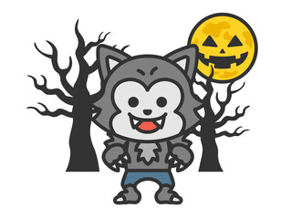 狼男のキャラクターと、ハロウィンの月（線画カラー）のイラスト