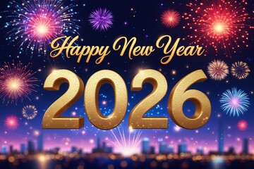 Golden 2026 Happy New Year Celebration with Colorful Fireworks Over City Skyline – AI-Generated