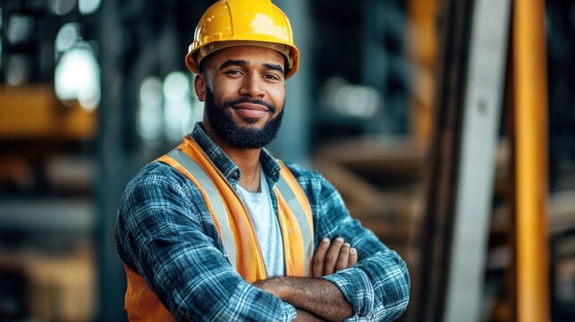 A smiling man in a hard hat and safety vest standing in a warehouse.