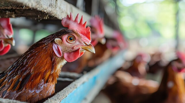 A chicken with a red comb and yellow beak, perched on a wooden perch in a coop with other chickens in the background.