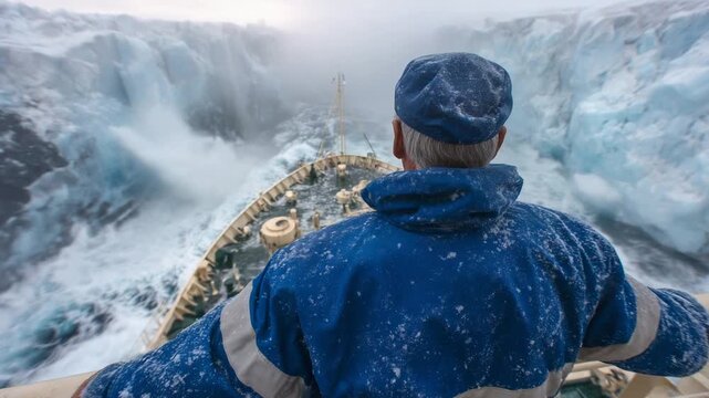 A male sailor in insulated gear surveys icy glaciers from the aft deck of an Arctic research ship amidst foggy, frozen seas.