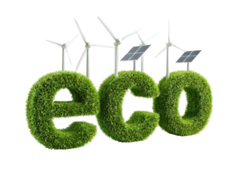 Green stylized "ECO" wordmark with wind turbines and solar panels