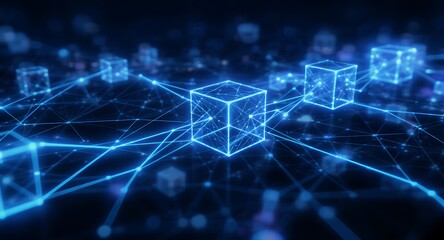 Obraz premium Futuristic Digital Blockchain Network with Glowing Cubes and Interconnected Lines on Dark Background, Representing Decentralized Data Technology an...
