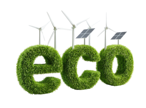 Green stylized "ECO" wordmark with wind turbines and solar panels