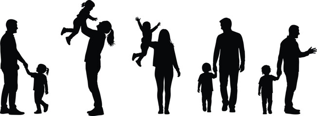 Silhouette of Parents and Children in Various Family Activities on White Background, Happy Family Moments, Parenting and Childhood Joy