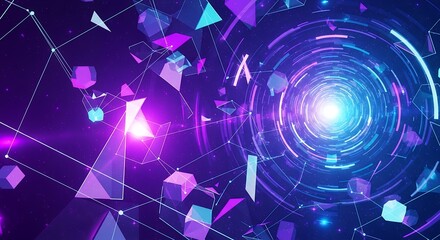 Futuristic abstract background with geometric shapes and glowing vortex tunnel effect, concept for data visualization, technology background and virtual reality experience