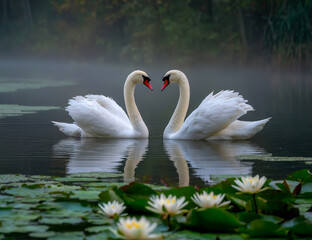 Naklejka premium Two elegant white swans forming a heart shape on a tranquil misty lake surrounded by water lilies