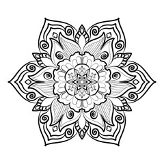 abstract floral background Mandala Flower with Swirl Ornament, Detailed Black and White Line Art for Coloring and Decoration