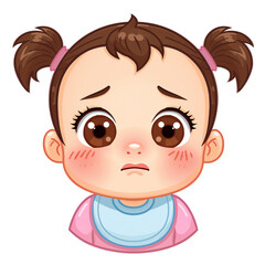 Obraz premium Close up of a sad baby girl with big brown eyes and pigtails wearing a bib and pink shirt