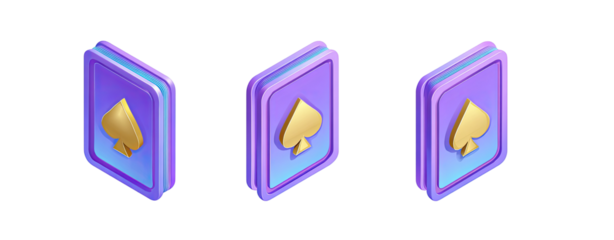 Three isometric playing card icons, each a spade, in shades of purple and gold