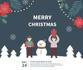 Christmas card template with poinsettia and ornaments.