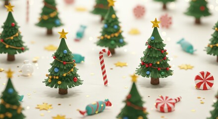 Fototapeta premium Miniature christmas trees and candies holiday background