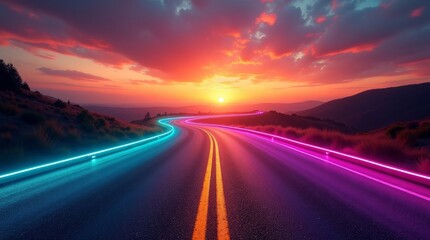 Winding road neon lights sunset sky highway clouds