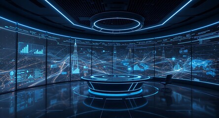 Futuristic Control Room with Glowing Blue Neon Accents, Large Digital Screens Displaying Global Data Networks and Real-time Analytics in a High-Tec...