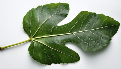 a huge broad fig leaf with strongly lobed margins that is rich and dark green the broad leaves have a velvety silky surface and a deep texture with obvious veins on white background
