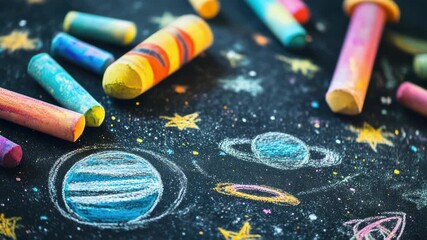 Colorful crayons and artistic drawings on a blackboard, great for education or creative inspiration