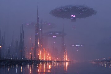 Fototapeta premium Ominous Alien Mothership Hovering Above a Misty, Glowing Futuristic Metropolis at Night.