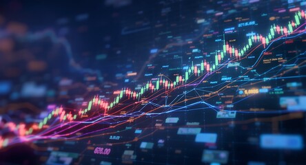 Futuristic Digital Candlestick Chart Displaying Financial Market Trends and Growth. Abstract Data Visualization for Business, Investment, and Techn...