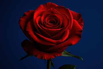 Vibrant red rose in full bloom with delicate petals displayed against a deep blue background highlighting natural floral beauty