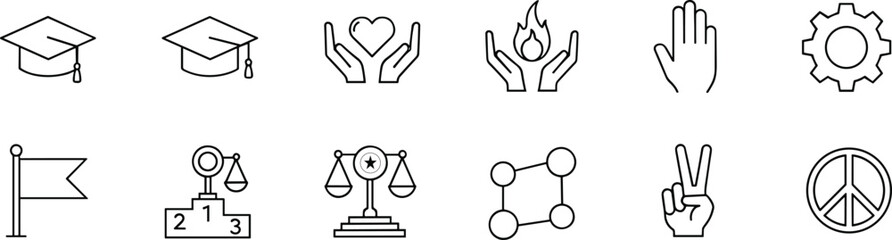 Education, graduation, compassion, justice, peace, achievement, technology, unity, heart, flame, gear, podium, flag, symbol, icon, hand, gesture, scale, connection, victory