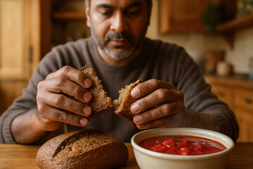 Middle aged man breaking rustic bread before eating hearty tomato soup in a warm, cozy kitchen setting during daytime