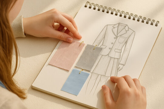 Fashion designer selecting fabric samples for a new stylish blazer and skirt outfit using a detailed pencil sketch as reference - Powered by Adobe
