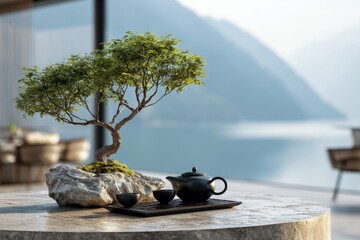 Tranquil zen garden scene with bonsai tree and tea set overlooking a lake