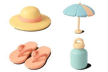 Summer beach essentials including a sun hat, umbrella, flip flops, and water bottle for a sunny day at the shore