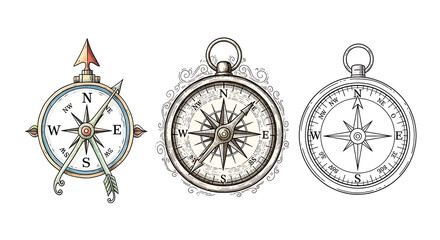 Vintage Compass Collection, Navigational Instruments with Decorative Elements