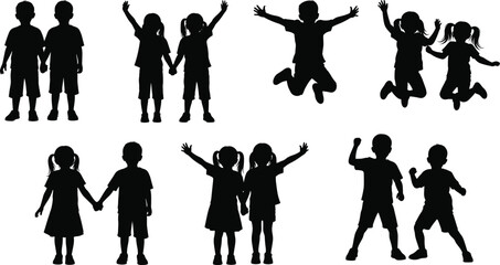 Silhouette vector illustration of children jumping, holding hands, and playing in groups, perfect for family, education, and childhood themes.