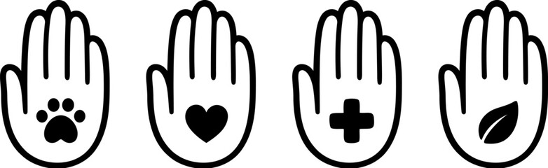 Obraz premium Hand icon with different symbols for charity and volunteering, logo design elements. Medical, animal, social, nature. Vector illustration set.