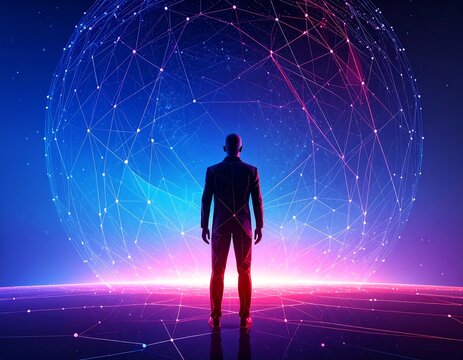 Businessman facing a digital globe - Powered by Adobe