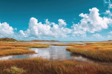 Obraz premium Panoramic view of a tranquil coastal marsh under a vibrant sky