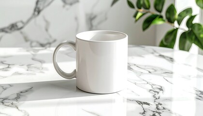White Mug on Marble Table in Sunlight with Green Plant Accents