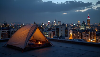 A minimalist rooftop camping tent with soft lantern light, overlooking a glowing city skyline at night, rooftop , urban camping vibe.