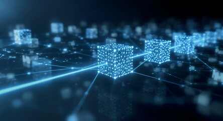 Futuristic Digital Network with Glowing Blue Cubes and Interconnected Lines, Illustrating Data Flow, Blockchain, AI, and Global Technology Concepts