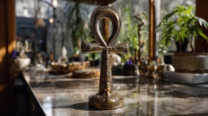 Obraz premium A detailed antique ankh ornament sits on a polished surface, showcasing intricate details and a warm golden tone against a blurred background of plants and decorative items.