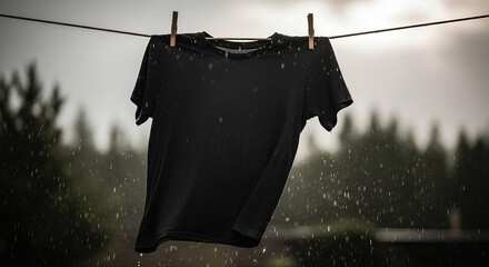 A black t-shirt hangs on a clothesline in the rain, against a blurred forest backdrop on a gloomy day