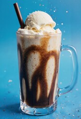A rich and creamy coffee drink topped with a scoop of vanilla ice cream, served in a tall glass mug against a vibrant blue background 