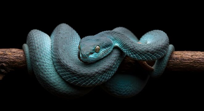 On a viperous blue branch, a blue viper snake Generative AI