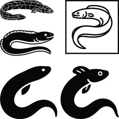 Eel fish abstract silhouette vector set, black aquatic animal illustration collection