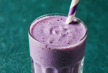 A vibrant purple smoothie in a classic milkshake glass with a striped straw against a teal background
