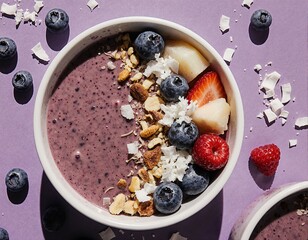 A vibrant smoothie bowl topped with fresh berries, coconut flakes, and crunchy nuts, set against a purple background