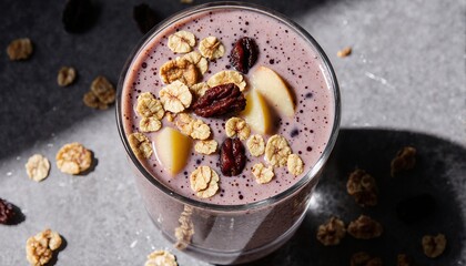 A vibrant smoothie glass filled with a rich, dark purple liquid, topped with granola, dried cranberries, and slices, set against a dark background