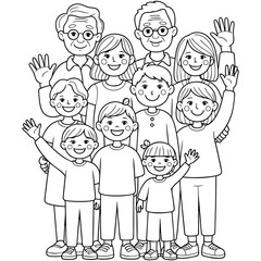 Happy multigenerational family waving, ready for coloring.