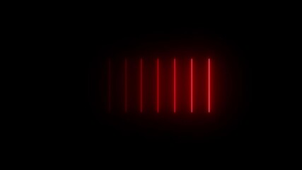 Eight vertical neon lines glow in dark room, red color ,casting reflections on the floor. Colorful Neon Light Technology Loop Dancing Stage Isolated Transparent black Background. 4k Video Layer