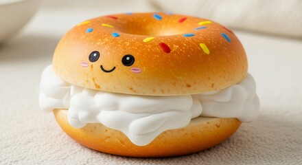 Adorable donut squishy toy filled with white cream and cute face details, decorated with colorful sprinkles, concept for children's toy ads, stress relief and decorative item