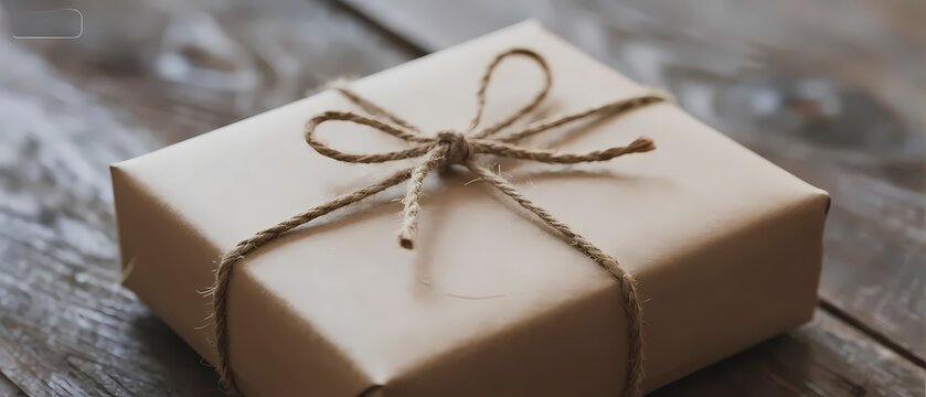 A simply wrapped gift box with a rustic twine bow, placed on a wooden surface.
