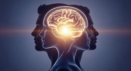 Animated Human Brain Glowing Between Male & Female Silhouettes for Mental Health Concept