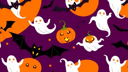 Spooky Halloween pattern featuring smiling pumpkins, cute ghosts, and playful bats perfect for festive backgrounds and party invitations